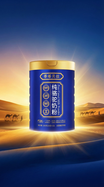 自然生态方案：融入沙漠骆驼元素背景，采用渐变蓝金色彩，强调产品天然来源，适合线上电商详情页展示预览效果