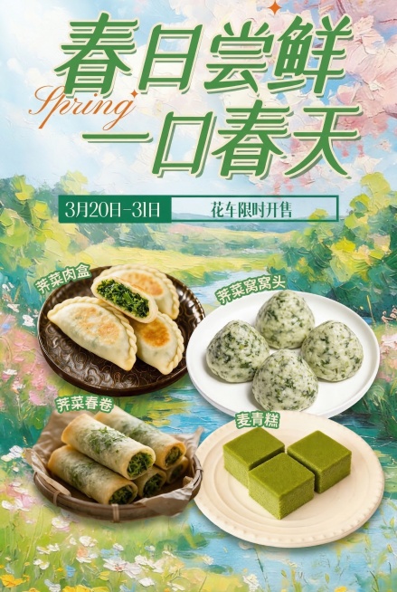 将图二的春日美食海报内容完整融入图一的春日溪流花草油画背景中，保持四个菜品原有排版不变，完整保留所有文字内容和样式不变。光影匹配背景上方光源，生成自然柔和的投影，利用环境色漫反射让菜品边缘和背景自然融预览效果