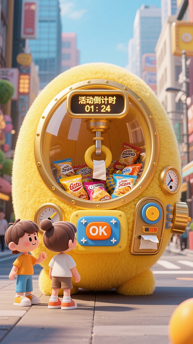 软3D风卡通设计，可爱角色与毛绒抓娃娃机互动，色彩鲜艳，童趣盎然。