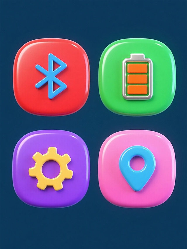 一系列四个规整排布的3D图标集合，每个图标均采用光滑圆润的金属质感设计，具有高光反射和渐变光泽效果，保持相同的简约现代风格，元素类目统一为科技/工具类符号，分别为：1. 红色背景上的蓝色蓝牙符号，2. 绿色背景上的橙色电池满电图标，3. 紫色背景上的黄色设置齿轮图案，4. 粉色背景上的青色定位标记符号，所有图标均居中放置于纯色背景上，整体呈现出整齐划一的视觉节奏和专业的图标设计感。