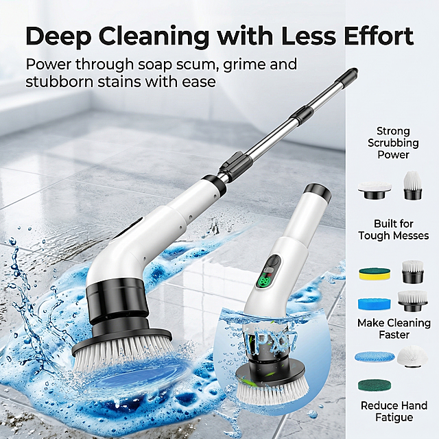 8K high-detail Amazon infographic image, white electric spin scrubber actively scrubbing blue soap foam on light gray tile surface, dynamic cleaning effect, visible brush rotation motion, realistic water splash and soap foam details, premium bright clean bathroom cleaning scene, professional commercial studio lighting, strong visual impact, product remains realistic and elegant, modern e-commerce layout, reserved blank area at top for title and feature text, no watermark, no Chinese text. Add required text: title "Deep Cleaning with Less Effort" at top, subtitle "Power through soap scum, grime and stubborn stains with ease" below title, feature labels: "Strong Scrubbing Power", "Built for Tough Messes", "Make Cleaning Faster", "Reduce Hand Fatigue" arranged vertically on the right side. All text in English, clean modern sans-serif font, product appearance matches original image, product placement is diagonal, focus on the dynamic cleaning action