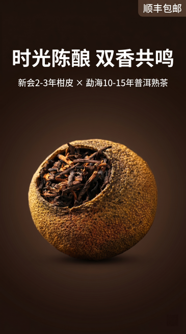 [详情页首屏海报] 9:16竖版，居中展示光影质感的新会小青柑，背景为极简深棕，配文“时光陈酿 双香共鸣 新会2-3年柑皮 × 勐海10-15年普洱熟茶”，角落标注“顺丰包邮”。保持小青柑外观质感颜色预览效果