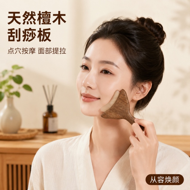 使用电商主图技能生成5张比例1:1的电商主图，适配平台为淘宝/天猫，商品为「图片1」，商品卖点为商品卖点为 电商主图生产5张，卖点：点穴按摩，颈部刮痧，面部提拉，檀木材质，可以有养生达人种草推荐，手持预览效果