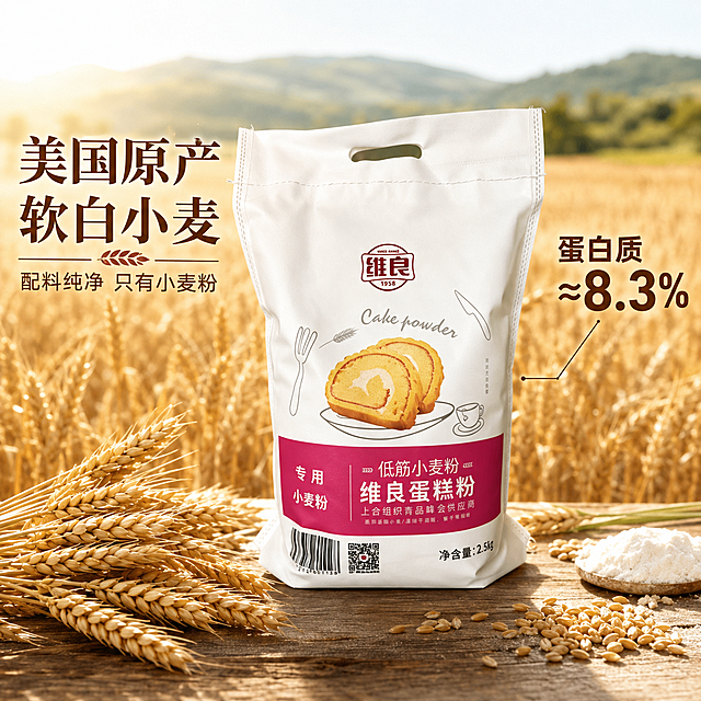 [主图-2]维良蛋糕粉核心卖点-产地原料展示
[氛围风格]自然麦田产地风，真实可信
[画质]商业摄影质感，光线柔和通透，产品清晰真实，画面干净高级
[元素]保持维良蛋糕粉包装袋外观与输入产品图绝对一致，杜绝变形色差。包装袋放置在画面前景，背景融入美国金黄麦田风景，麦穗饱满。包装袋旁放置真实的整颗软白小麦原料，小麦饱满金黄。商品主体占比控制在60%-80%之间，画面满屏无边框
[光影]自然暖阳逆光，突出小麦通透质感和面粉纯净度，光影层次分明
[配色]主色调为麦田金黄和浅绿，搭配产品包装白与玫红，自然清新
[视角构图]平视视角，前景产品清晰，背景麦田虚化景深，突出产品
[文字版式]左侧大字主文案"美国原产软白小麦"，下方小字"配料纯净 只有小麦粉"，右侧大号加粗数字标注"蛋白质≈8.3%"，用纤细引线指向产品包装，文字清晰不遮挡主体
[比例分辨率]1:1比例，2048x2048像素，文字清晰可辨
[负向提示词]变形，水印，文字错乱，产品图模糊，背景杂乱