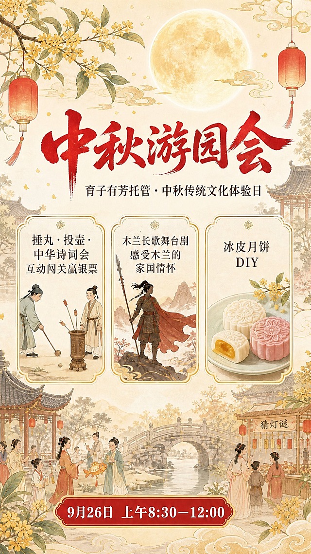 移除右下角的红色"二维码占位"方块，将该区域恢复为与周围一致的背景图案（桂花、古建筑、猜灯谜摊位等中秋游园场景），保持画面完整自然。其余所有元素、文字、构图、风格均保持不变。