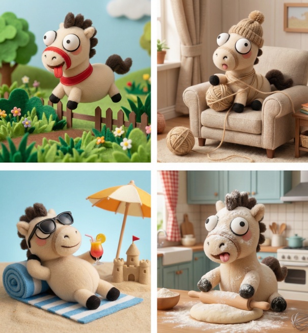 为这个毛绒小马的形象生成套图预览效果