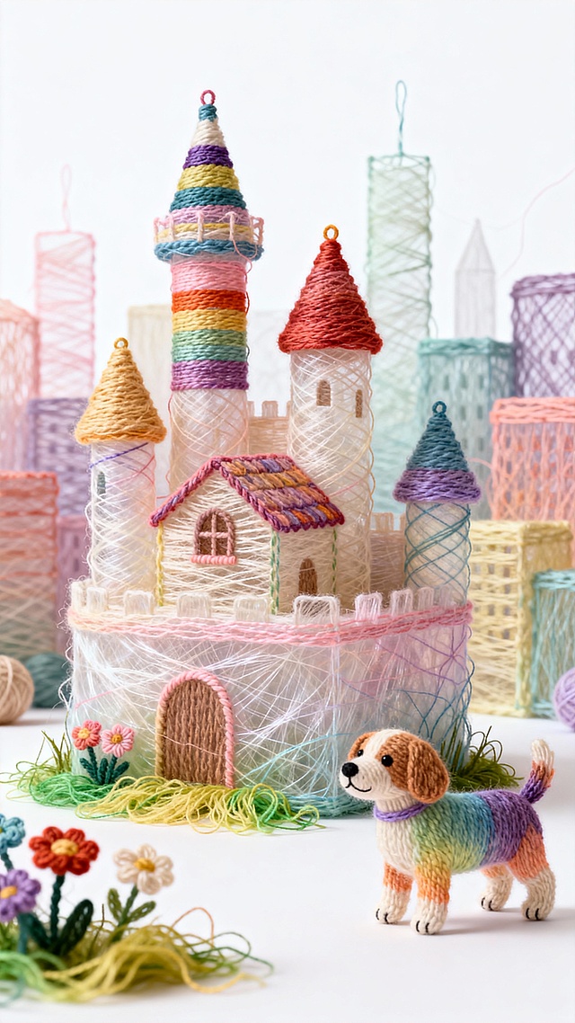 毛线刺绣森林小屋，配树木 花  温馨手工风