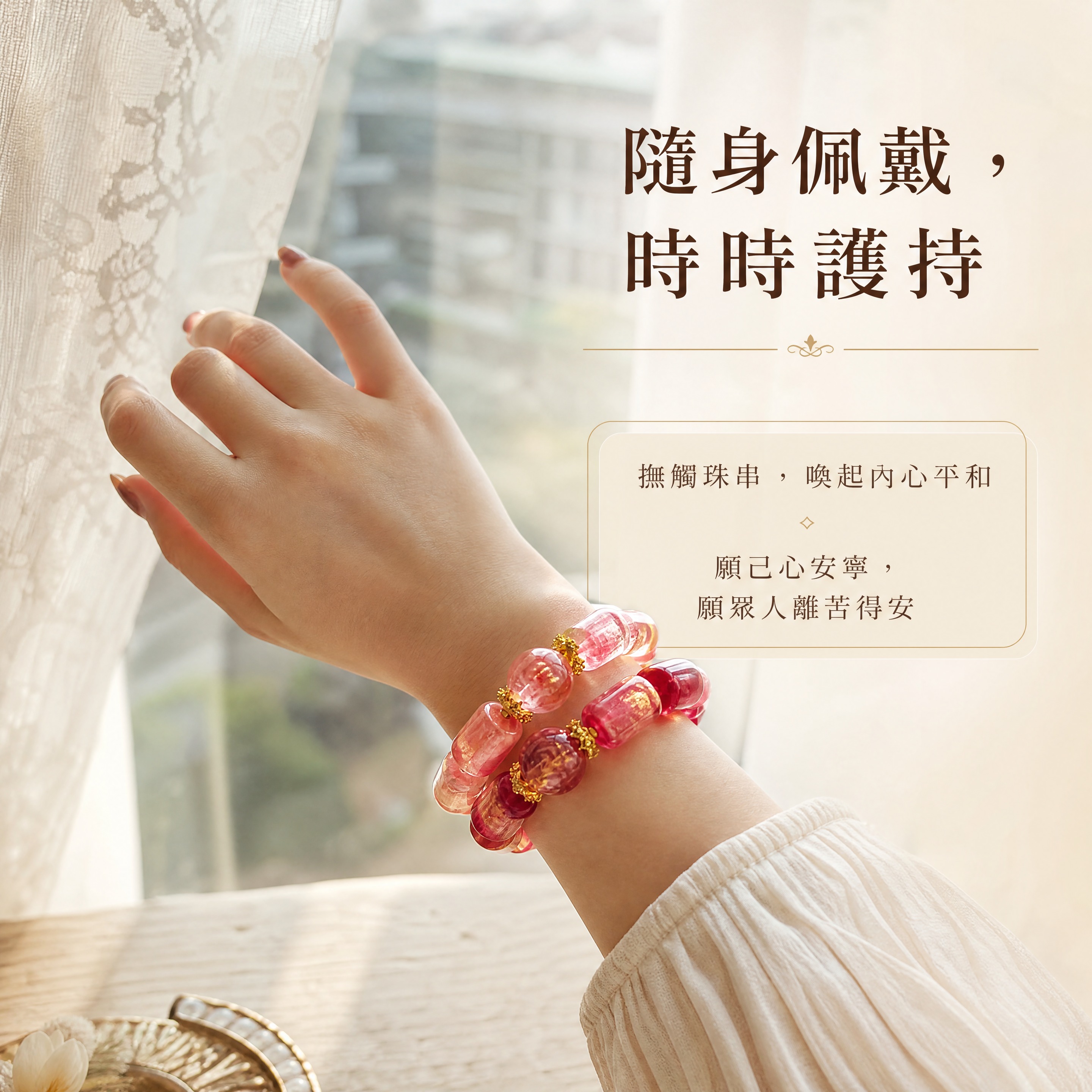 [商品] 使用【圖8】的轉經筒主題琉璃桶珠手串佩戴圖；保留桶珠… - 图片创意预览