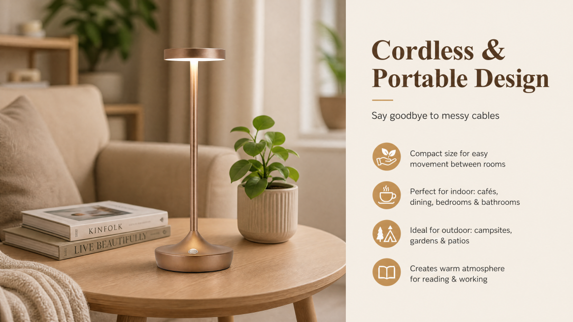 [第3屏] 本屏功能定义：亚马逊高级A+ Web端，Cordless Portable Design卖点展示，体现无线便携特性。
[氛围/风格] 温馨生活场景展示，浅暖调，真实欧美家居环境，自然光线，预览效果