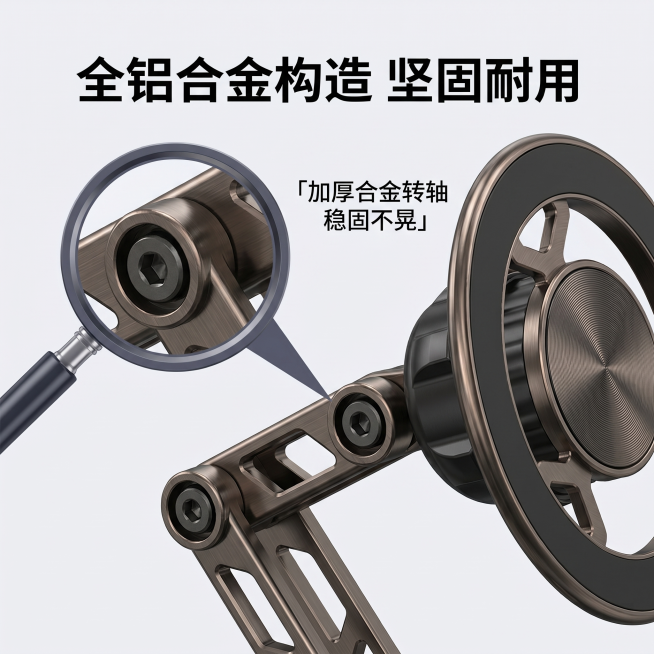 [主图 3] 铝合金磁吸支架材质细节微距展示。[氛围风格] 专业品质展示，清晰真实；[画质] 商业摄影质感、光线柔和通透、产品清晰真实、画面干净高级。[元素] 特写放大展示支架的折叠转轴和磁吸部位，保预览效果