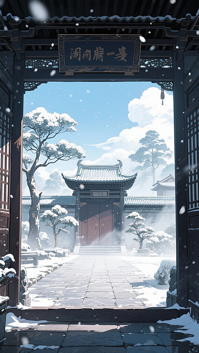 二次元古风，下雪，正面特写官府大门，地板，树，凹凸地板，房子，雾气，云，浅蓝色，细节丰富，元素多样，9:16,不要人物，生成2张