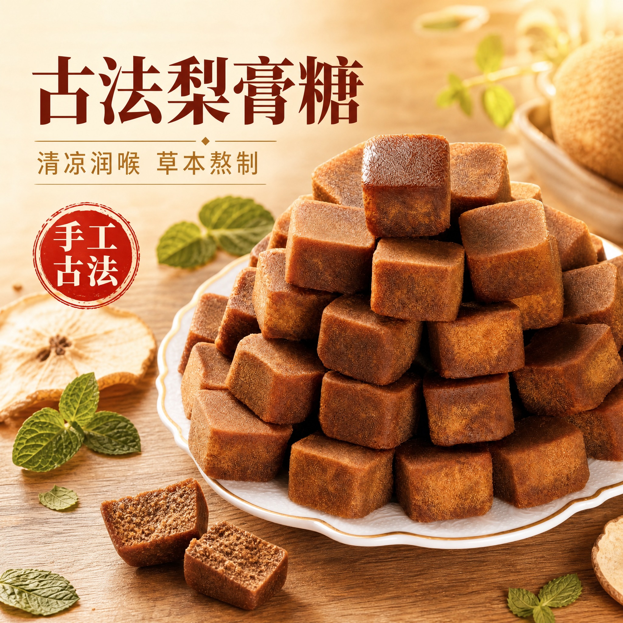 [主图-1] 古法手工梨膏糖首图，突出食欲感与清凉润喉核心卖点… - 图片创意预览