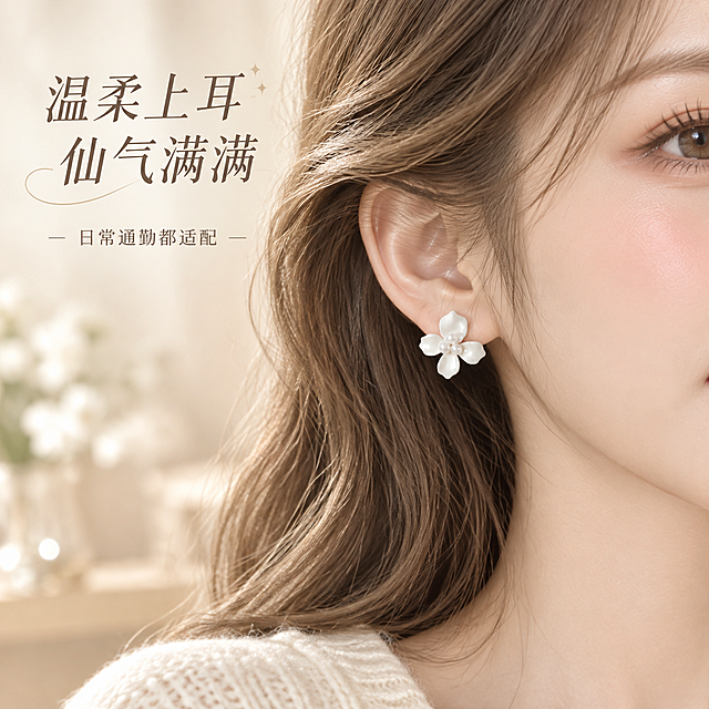 [主图-3] 佩戴效果展示，女性耳部佩戴白色珍珠花朵耳饰的局部特写，展示上耳效果与尺寸比例。
[统一基调] 小红书温柔奶油风，整体色调柔和温暖，背景为浅奶油米色虚化，字体选用纤细文艺衬线体，主文字为深奶茶棕色，辅助文字为浅棕色，整体精致高级有氛围感。
[画面] 年轻女性右侧耳朵的局部特写，只露出耳朵和部分脸颊及颈部，肤色白皙，头发为浅棕色微卷长发自然垂落，耳朵上佩戴着白色珍珠花朵耳饰，正面角度展示，花朵耳饰大小适中，衬托出温柔优雅的气质。人物穿着米白色针织上衣，背景为浅奶油色室内环境虚化处理，突出耳饰主体。
[光影质感] 柔和的自然光效果，从侧前方照射，耳饰花瓣有自然的光泽过渡，珍珠有温润的珠光，人物皮肤质感细腻，整体光影柔和，人像摄影质感。
[配色] 人物肤色自然白皙，发色浅棕，服装米白色，背景奶油米色，耳饰纯白色珍珠光泽，文字深奶茶棕色。
[文字版式] 画面左上角或右下角，主标题"温柔上耳 仙气满满"，下方小号字"日常通勤都适配"，文字简洁有氛围感，不遮挡耳朵和耳饰主体。
[输出要求] 1:1正方形比例，2K分辨率，耳饰佩戴位置准确自然，产品清晰，人物皮肤质感自然，文字清晰，无变形、错字、模糊、杂乱、水印、平台Logo，人物面部不扭曲。