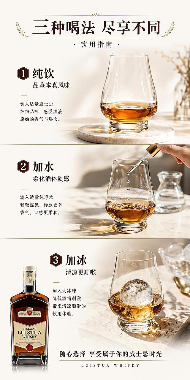 [第7屏] 饮用指南屏，介绍三种威士忌饮用方式。本屏使用【图1】作为产品标识。
[氛围/风格] 清晰教程风格，简洁专业，干净通透，生活仪式感氛围。
[元素布局] 页面分为上中下三段，分别展示纯饮、加水、加冰三种饮用方式：上段纯饮，展示纯威士忌酒杯；中段加水，展示滴管加水步骤；下段加冰，展示冰球加威士忌；左下角放置小尺寸【图1】产品图，整体每个区域布局均匀不拥挤。
[光影质感] 均匀柔和自然光，每个饮用场景清晰明亮，杯壁高光自然，酒色通透。
[配色色系] 全局底色 #FAF7F1，主色浅米底色，辅助色深棕标题，琥珀酒色，保持整体调性统一。
[视角构图] 三分竖屏构图，从上至下依次讲解，阅读动线清晰流畅。
[文字版式] 顶部主标题「三种喝法 尽享不同」，每个饮用方式配小标题和步骤说明：「1.纯饮 品鉴本真风味」「2.加水 柔化酒体质感」「3.加冰 清凉更顺喉」，字体保持首屏风格，文字大小统一清晰，图文对应不遮挡。
[比例分辨率] 1:2 竖版比例，4K分辨率，文字清晰可辨，高清画质。
[负向提示词] 文字错乱，文字过小，构图拥挤，酒杯变形，产品颜色偏差，水印
