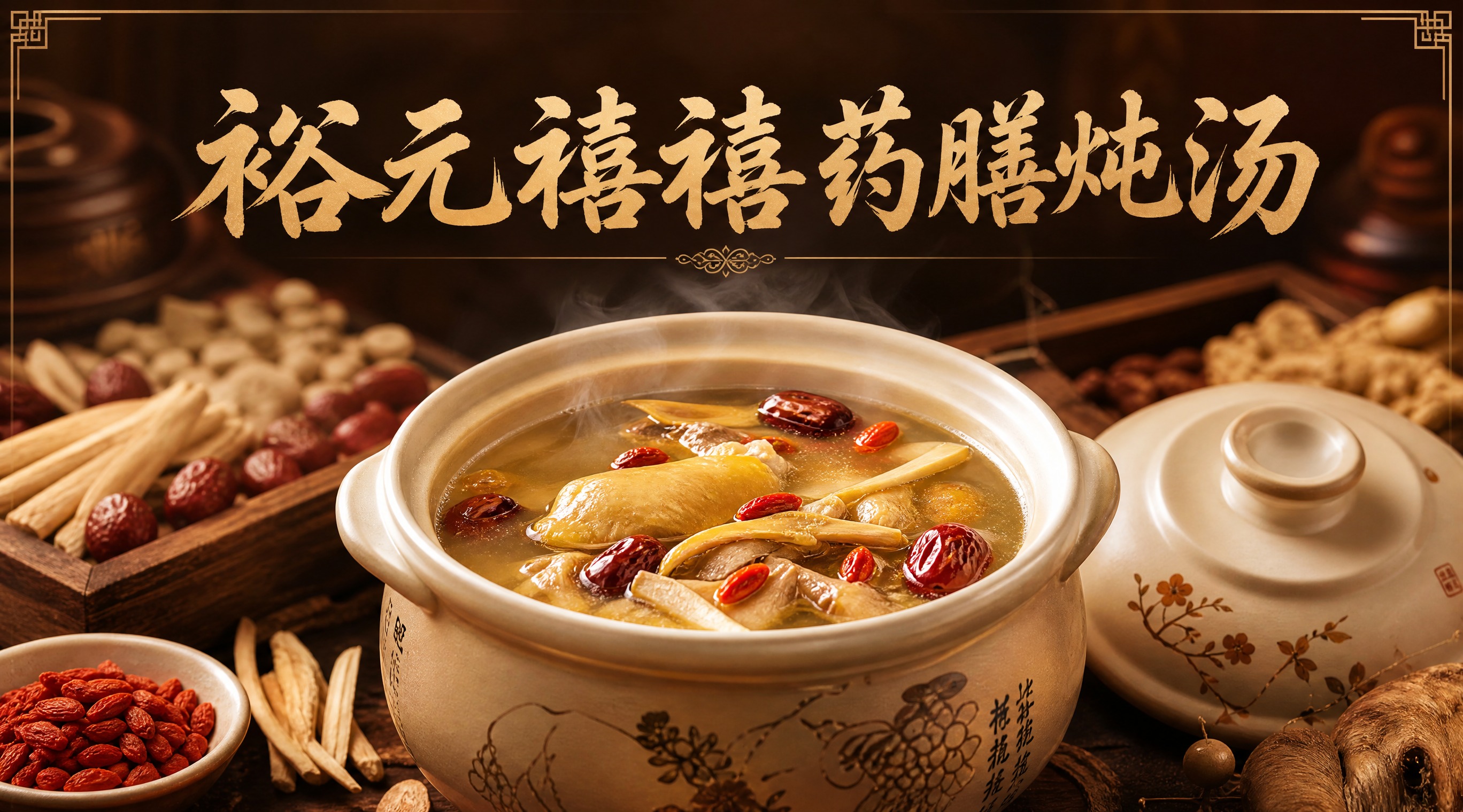 裕元禧禧药膳炖汤店招设计，写真风格，横版构图，画面中央是一盅热… - 图片创意预览