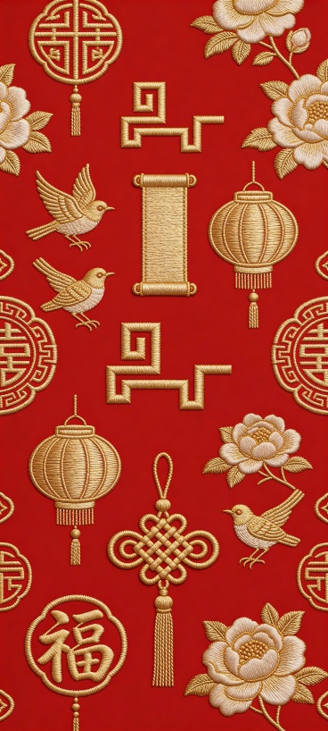 参考图1中的标志，与中国结、卷轴、灯笼、牡丹、喜鹊、福字等传统装饰元素规律性的在红色背景上乱序排列重复排布，各元素采用金色中国传统刺绣风格，正红色背景，对称式构图。丝线光泽细腻，针脚纹理清晰，4K超清预览效果