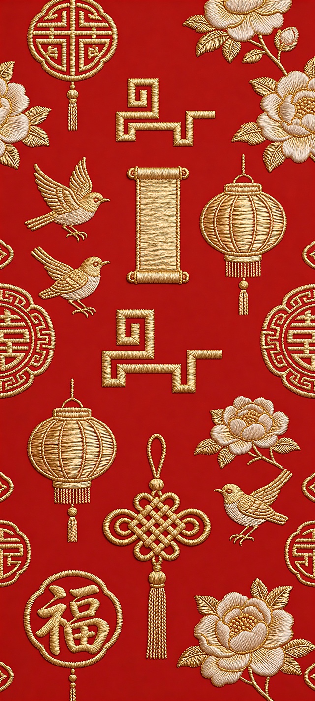 参考图1中的标志，与中国结、卷轴、灯笼、牡丹、喜鹊、福字等传统装饰元素规律性的在红色背景上乱序排列重复排布，各元素采用金色中国传统刺绣风格，正红色背景，对称式构图。丝线光泽细腻，针脚纹理清晰，4K超清奢侈品级纹样，传统吉祥元素交织呈现丰富层次感与精致细节。