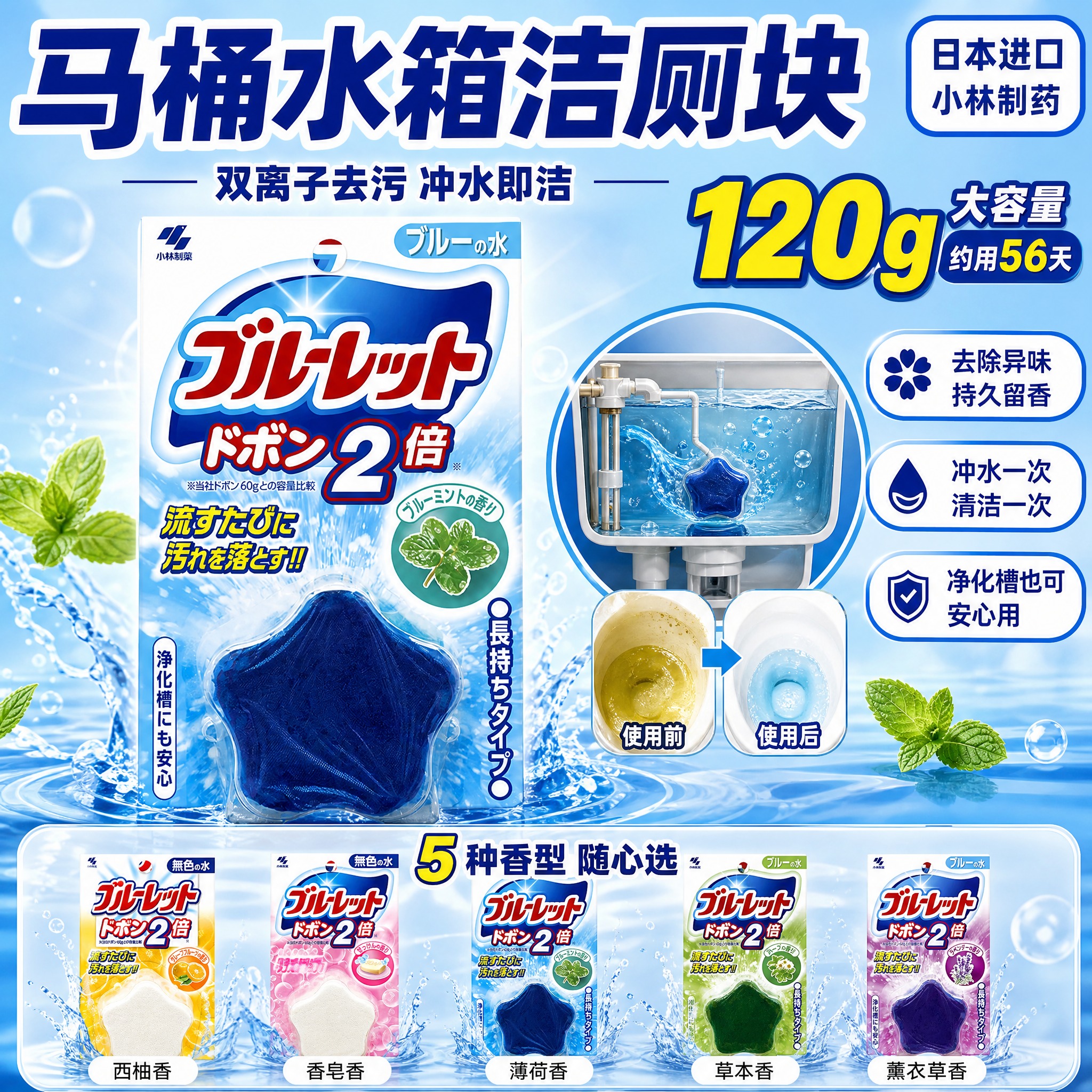 [单张主图] 小林制药马桶水箱洁厕块（蓝泡泡 2倍容量款），爆… - 图片创意预览