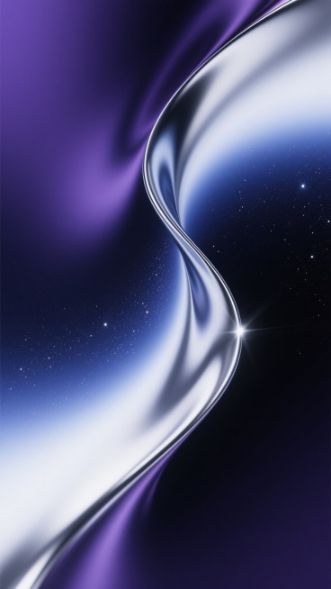 抽象流体渐变背景，以深邃神秘的暗紫色与夜空蓝为主色调，融合闪烁的银河银与星光白，呈现出类似液态金属的光滑质感与微妙光泽，流动的曲线形态优雅舒展，色彩过渡柔和自然，光影效果细腻，整体营造出宁静而富有科技感的氛围，画面简洁大方，具有现代设计感。预览效果