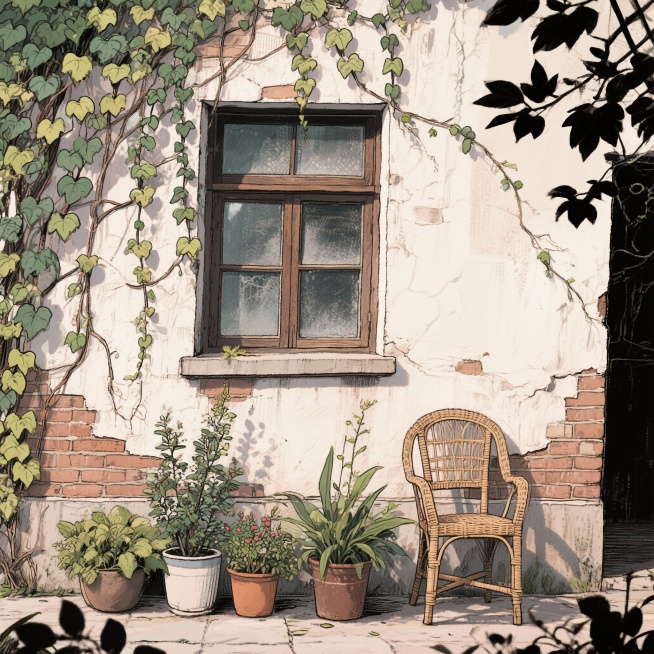 画一个手绘风的画，内容是一墙爬山虎围绕着一扇玻璃上有灰尘的的窗户，窗户下是一盆盆花草还有一把靠着墙的椅子预览效果