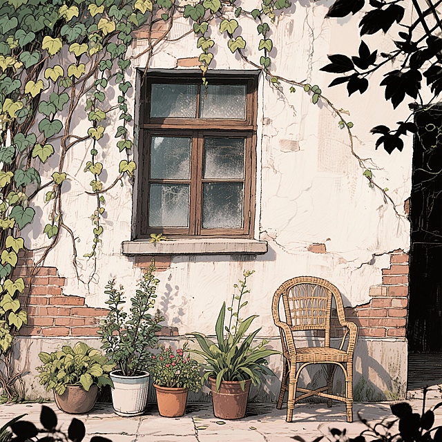 画一个手绘风的画，内容是一墙爬山虎围绕着一扇玻璃上有灰尘的的窗户，窗户下是一盆盆花草还有一把靠着墙的椅子