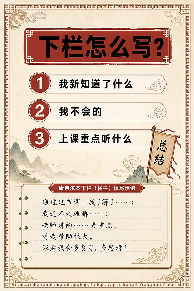 小红书笔记内页，下栏填写示例，国风山海经风格，米黄色宣纸纹理背景、回纹边框、整体典雅国风气韵。版式精美，信息层级清晰。顶部标题逐字锁定：「下栏怎么写？」，黑色粗黑体，朱红色底框。画面底部展示康奈尔本下栏（横栏）的填写示例，里面写着总结的占位文字，手写体风格。上方说明文字分三点，逐字锁定：第一点「我新知道了什么」，第二点「我不会的」，第三点「上课重点听什么」。每点前加数字标号，朱红色底白字。装饰：四周加回纹细线边框；角落加祥云或卷草纹点缀；加少量总结旗帜国风小图标。整体氛围：国风典雅、方法清晰、实操性强。画质：高清细腻，文字清晰可读，所有文字完整处于安全区内不可裁切，四周留安全边距。画面比例 2:3，4K。