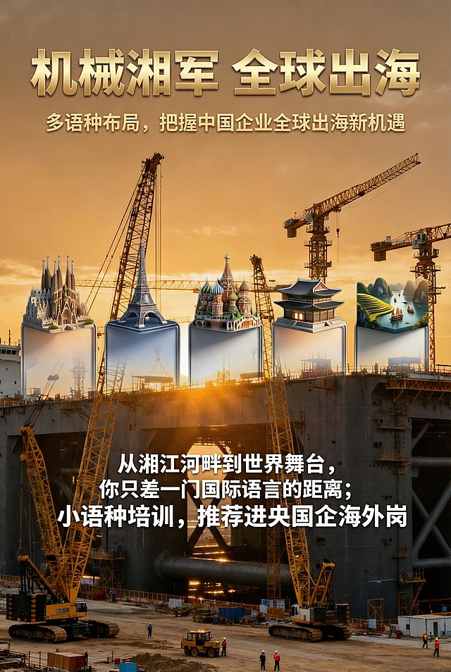 生成A4尺寸写实工程风格的"机械湘军 全球出海"多语种培训宣传单正面，使用海外基建施工现场日落背景图，整合五个语种对应国家地标元素，添加文案：主标题"机械湘军 全球出海"，副标题"多语种布局，把握中国企业全球出海新机遇"，宣传语"从湘江河畔到世界舞台，你只差一门国际语言的距离；小语种培训，推荐进央国企海外岗"，保持写实大气工程风格