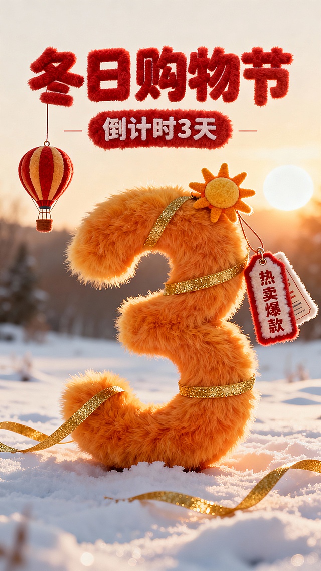 画面中央是蓬松橙黄毛绒数字 “3”，戴小太阳造型绒饰、搭迷你热气球挂件，缠金边绒带。促销元素是 “热卖爆款” 毛绒标签、优惠券挂件，上方主标题 “冬日购物节”（大红毛绒字），副标题 “倒计时 3 天”。背景是毛绒暖阳雪地，色彩橙黄 + 红，温暖吸睛。