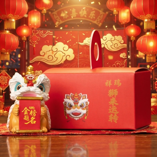 保留原图中的醒狮摆件和红色礼盒主体，将背景替换为喜庆的新春中式背景，有红色灯笼、金色祥云元素，氛围热闹红火，突出主体物品预览效果