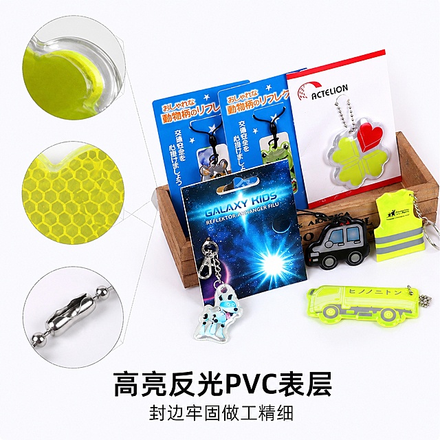 [主图-3] 反光挂件材质细节放大展示；[氛围风格] 专业品质展示，真实可信；[画质] 商业摄影质感，光线柔和通透，产品清晰真实，画面干净高级；[元素] 放大镜区域放大展示挂件的PVC封边、反光表层和挂链五金细节，保持产品原材质、原颜色和原图一致，无变形无色差。整体产品在右侧，放大镜细节在左侧，背景纯白；商品主体占比约70%；[光影] 侧逆光突出反光材质清透感，清晰展示封边做工和金属挂链光泽；[配色] 纯白背景，产品本身色彩突出；[视角构图] 左侧细节特写+右侧整体产品，左右分屏构图，一左一右逻辑清晰；[文字版式] 下方标注“高亮反光PVC表层 封边牢固做工精细”，两行文字大小对比清晰，居中不遮挡主体；[输出要求] 1:1 比例，文字清晰锐利，超高清商业摄影质感；[负向提示词] 变形，文字错乱，产品图模糊，背景杂乱，水印，电商平台Logo，臆造产品功能。