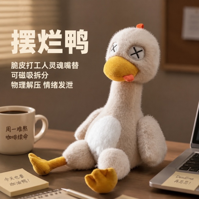 [主图-1] 可磁吸拆分盐水鸭毛绒玩具首图，丧萌打工人解压玩具展示
[氛围风格] 丧萌抽象风，解压互动氛围，松弛慵懒
[画质] 商业摄影质感，产品清晰真实，画面干净高级，毛绒质感真实
[元素] 可磁吸预览效果