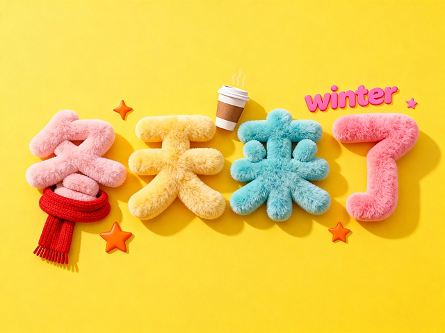 毛绒质感的3D字体搭配暖色背景，融入围巾、咖啡杯与星星元素，营造出可爱温馨的冬季氛围，充满卡通趣味与节日喜悦。