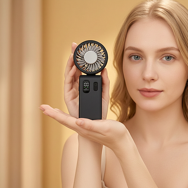 同一个外国金发美女模特使用图中黑色便携式冰敷风扇，用风扇中心制冷片冰敷手心，保持产品外观和数字显示屏细节，暖色调室内模糊背景，图片尺寸1:1，分辨率2K，高清产品摄影，电商展示图，自然真实