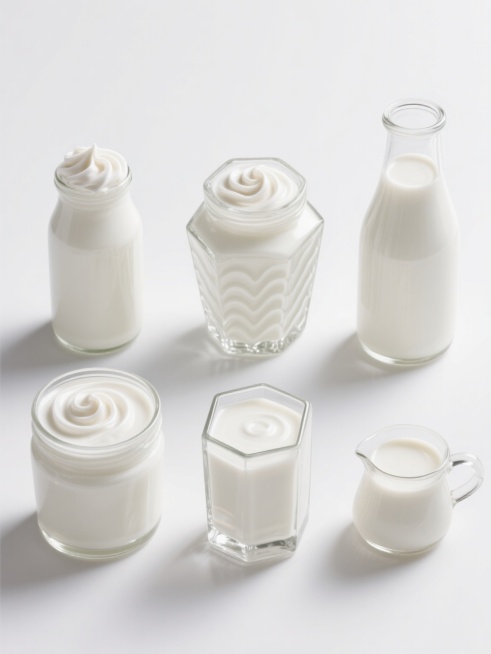 六个造型各异的透明玻璃容器盛放着浓稠顺滑的白色酸奶，每个容器顶部都有螺旋状奶油花纹，容器形态包括圆柱形广口瓶、六边形棱面瓶、带波浪纹边缘的矮罐、细长颈圆底瓶、方形切面瓶和带简约手柄的小奶罐，所有容器在纯白色纯色背景上呈规整网格状排布，保持高度写实的质感表现，酸奶表面光滑有细腻光泽，玻璃容器边缘清晰可见反光和轻微阴影，整体画面干净简洁，突出不同容器造型与酸奶的质感对比，系列素材风格统一，细节丰富……预览效果