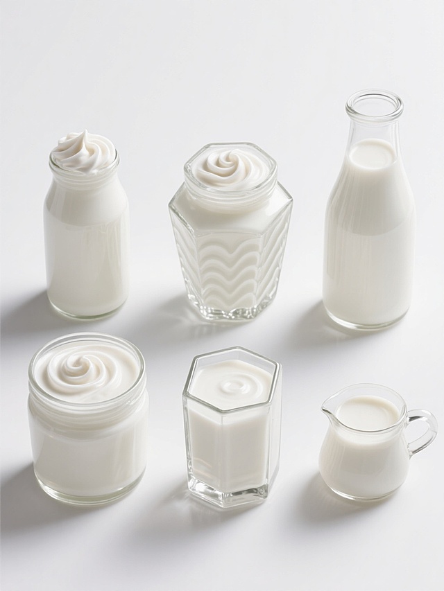 六个造型各异的透明玻璃容器盛放着浓稠顺滑的白色酸奶，每个容器顶部都有螺旋状奶油花纹，容器形态包括圆柱形广口瓶、六边形棱面瓶、带波浪纹边缘的矮罐、细长颈圆底瓶、方形切面瓶和带简约手柄的小奶罐，所有容器在纯白色纯色背景上呈规整网格状排布，保持高度写实的质感表现，酸奶表面光滑有细腻光泽，玻璃容器边缘清晰可见反光和轻微阴影，整体画面干净简洁，突出不同容器造型与酸奶的质感对比，系列素材风格统一，细节丰富，光影过渡自然。