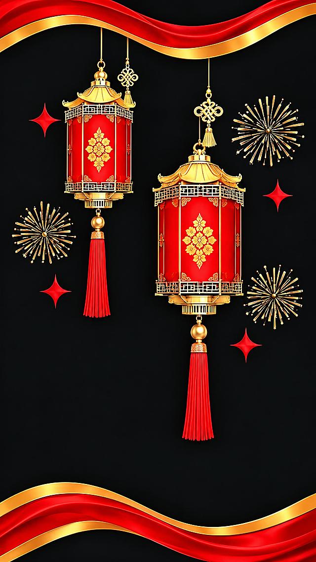 第5扇玻璃贴：黑色背景，顶部和底部红金波浪飘带，画面中有两个红色中式六角宫灯（一高一低悬挂），配金色中国结、红色流苏，左侧宫灯稍小偏左，右侧宫灯稍大偏右，周围点缀金色烟花图案和红色四角星，高清精致，单扇独立完整画面（与第1扇左右对称）