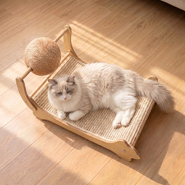 贵妃猫抓床，保持产品实木浅木色框架、剑麻抓球、麻绳抓垫的颜色材质和原图完全一致，保持放大产品主体、俯视从上往下拍摄视角，调整猫咪姿势为放松地趴卧在猫抓垫上，前爪自然放置，没有抓挠破坏的痕迹，整体自然慵懒，保持温馨明亮客厅浅木地板背景，自然光柔和，真实高清，1:1比例，2k分辨率。负向提示：抓坏抓垫，猫咪紧张，改变产品结构，背景杂乱，文字乱入