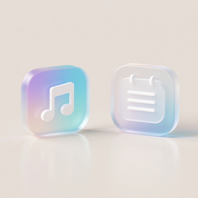 两个大磨砂玻璃质大图标。音乐和备忘图标，轻拟物风格，采用圆形或圆角矩形基底，背景为透明渐变毛玻璃效果，整体呈现轻盈、透气的视觉体验，符合现代极简 UI 设计语言。浅色文字背景有折射效果