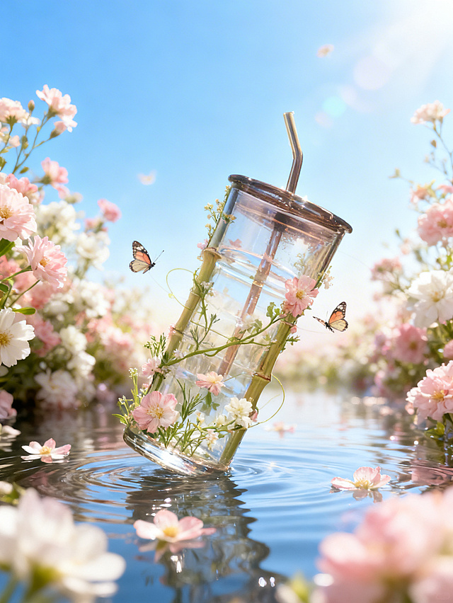 梦幻感3D风玻璃杯漂浮于花海水面，光影交织，蝴蝶翩跹，清透柔美，虚拟自然中的浪漫春日。