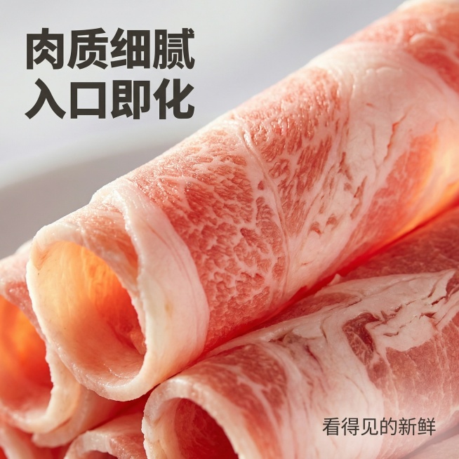 [主图 4] 肉质细节微距展示
[氛围/风格] 微距特写风格，突出质感，自然暖光
[画面元素] 对原产品羊肉卷进行微距特写放大，聚焦展示肉卷的纹理细节，突出肉质细腻的大理石纹理，肥瘦分层清晰可见，自然预览效果