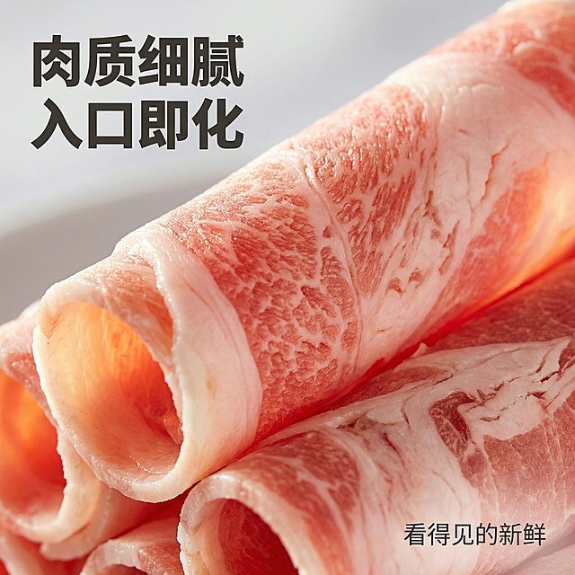 [主图 4] 肉质细节微距展示
[氛围/风格] 微距特写风格，突出质感，自然暖光
[画面元素] 对原产品羊肉卷进行微距特写放大，聚焦展示肉卷的纹理细节，突出肉质细腻的大理石纹理，肥瘦分层清晰可见，自然逆光凸显肉的通透感，背景虚化突出主体细节
[配色色系] 主色调：粉嫩肉红色、奶白色脂肪，辅助色：浅灰色虚化背景
[视角构图] 微距特写构图，占据画面80%区域，细节清晰
[文字版式] 左上角标题 "肉质细腻 入口即化"，深灰色粗体，文字不遮挡核心细节区域，右下角标注 "看得见的新鲜"，浅灰色小字
[比例分辨率] 1:1 比例，2k分辨率