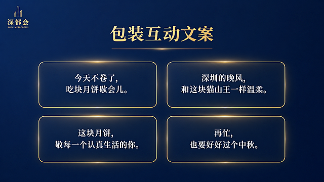 PPT内页设计，横版16:9，深蓝色渐变背景，高端简约风格。左上角有小型金色'深都会'Logo。页面标题为金色大字'包装互动文案'，下方有金色细横线。页面以四格卡片形式展示四句互动文案，每句在一个带有金色细边框的圆角矩形卡片内，卡片内文字为白色，卡片有轻微金色光晕。文案内容分别是：'今天不卷了，吃块月饼歇会儿。'、'深圳的晚风，和这块猫山王一样温柔。'、'这块月饼，敬每一个认真生活的你。'、'再忙，也要好好过个中秋。'。整体布局对称，留白充足。