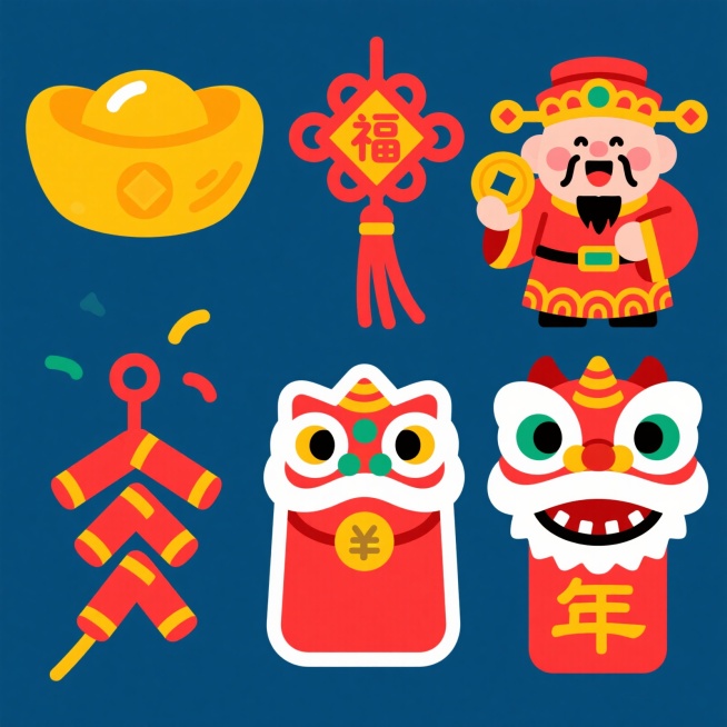 一套中国风矢量红色新年元素图标，包含金元宝、中国结、财神、大吉文字、鞭炮、红包和醒狮，扁平风格，独立元素，红色为主色调，适合春节设计场景预览效果