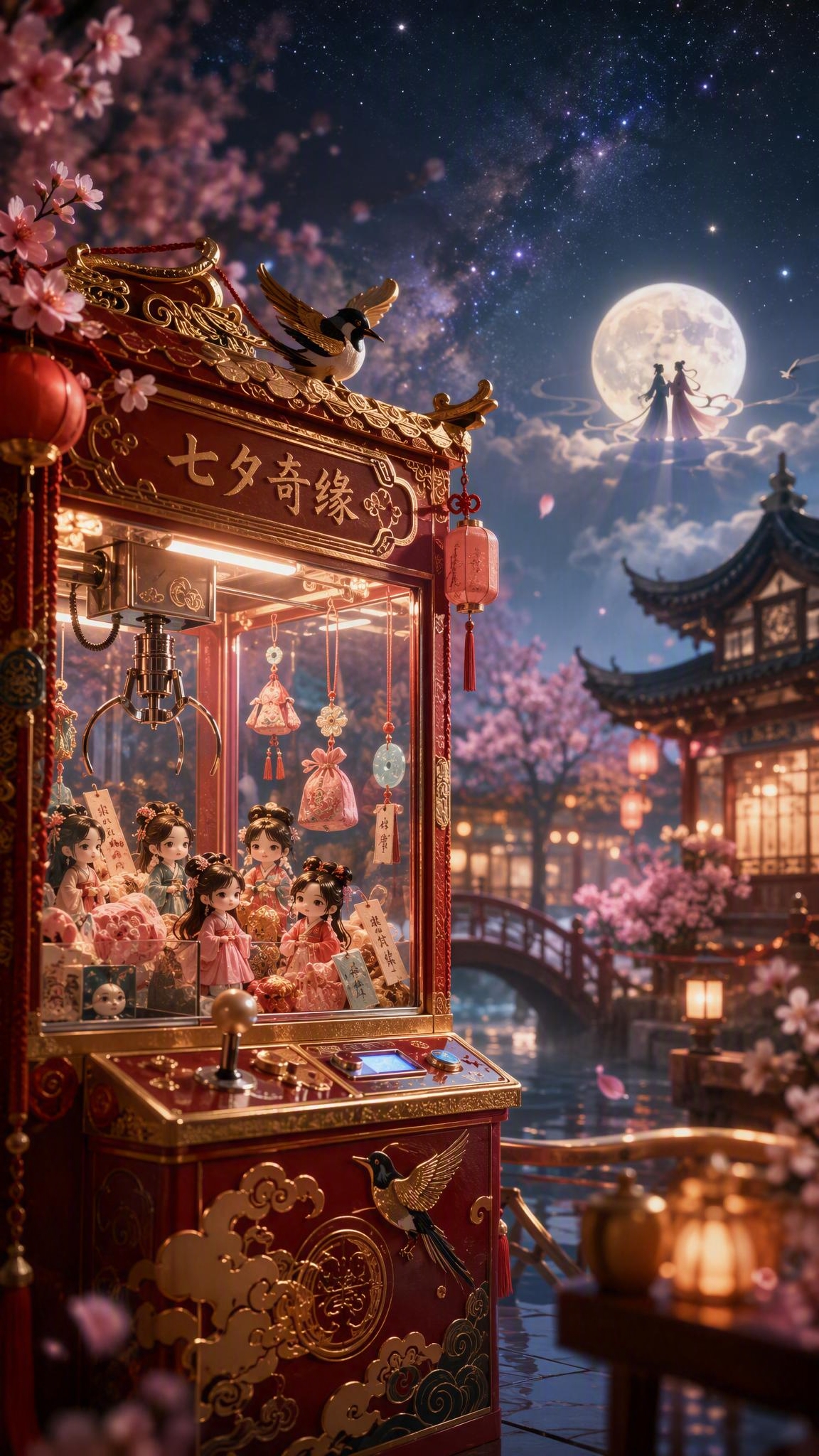 国风七夕节直播背景，强烈的电影景深感，前景是精美国风娃娃机台，… - 图片创意预览