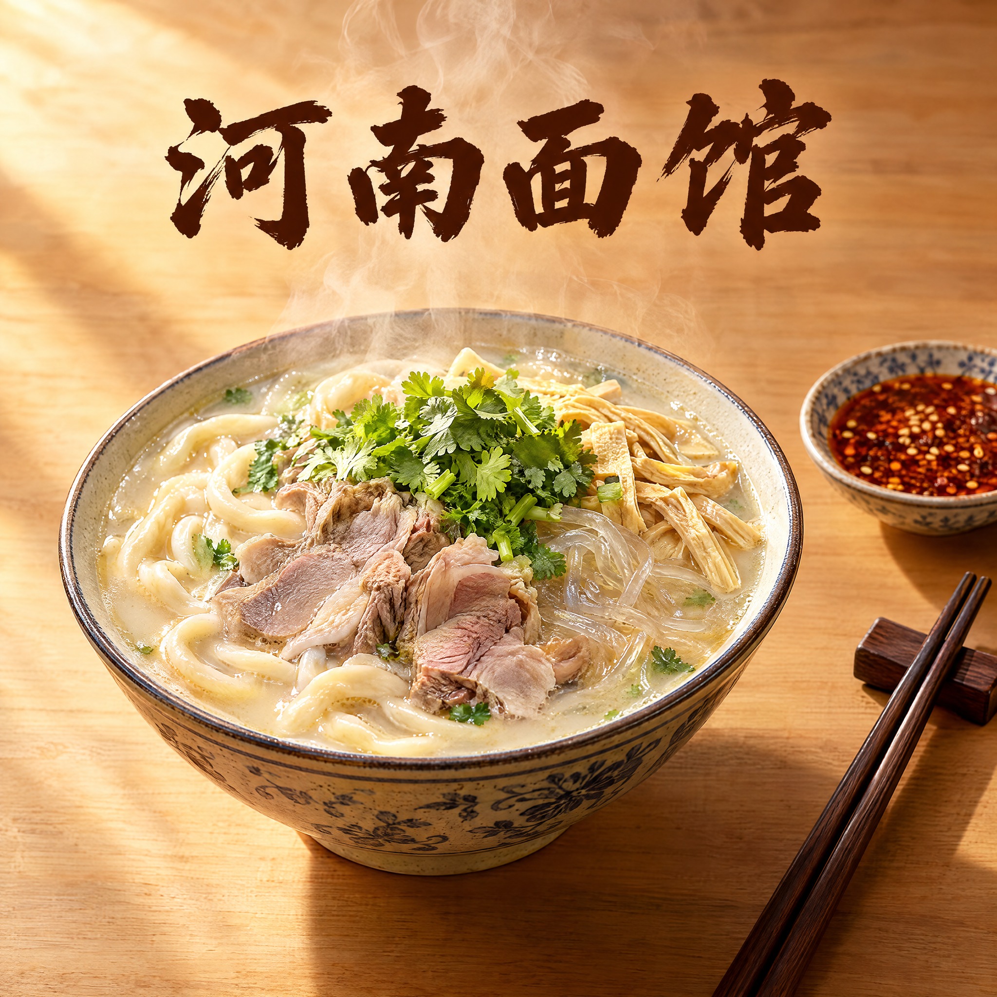 写实商业摄影风格，河南面馆品牌头像设计。画面中央一碗热气腾腾的… - 图片创意预览