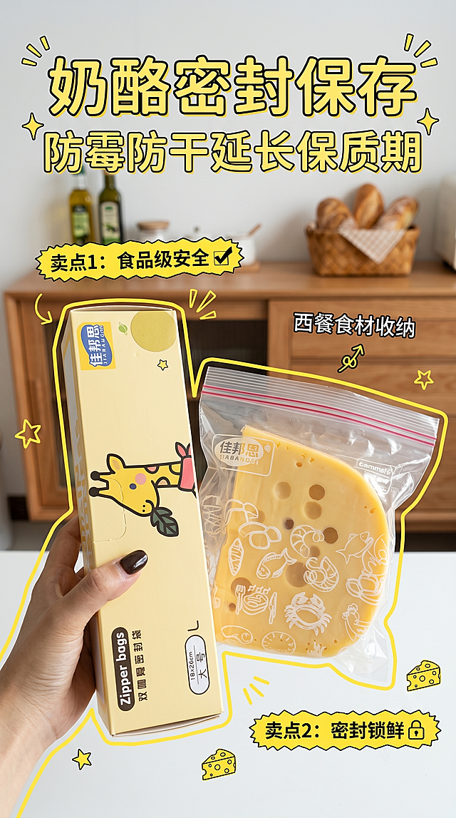 小红书种草风格手持展示封面，复刻参考图的版式骨架和真实生活氛围，100%还原商品图中佳帮思大号双响骨密封保鲜袋的外形、包装、LOGO、印刷文字、净含量，包装、配色、产品结构均与商品图保持一致。手拿着保鲜袋包装盒，密封袋内分装 opened cheese wheel，背景为简约餐边柜，主标题"奶酪密封保存"，副标题"防霉防干延长保质期"，装饰文案"西餐食材收纳"，卖点分别为"食品级安全"、"密封锁鲜"，保留参考图的手写质感文字和黄色描边装饰元素，文字清晰不遮挡产品主体，版式精美，画面比例9:16，超高清。