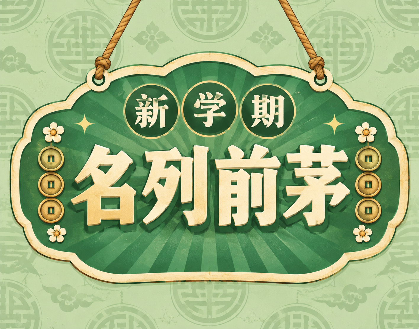 新学期主题复古挂牌风格小图，绿色系配色。画面中心是一个绿色复古… - 图片创意预览