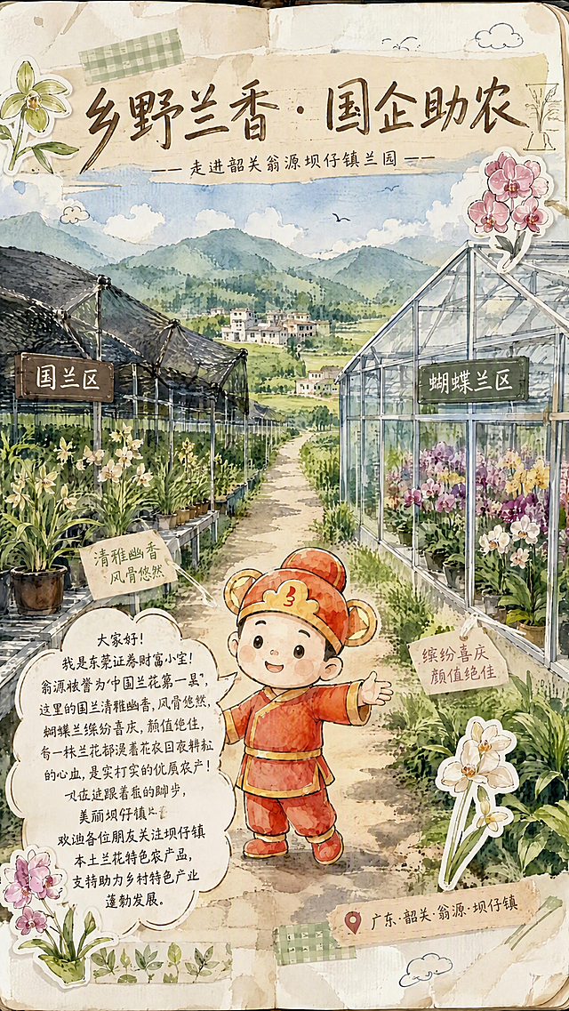 保持原图水彩手绘手账风格、所有画面元素、构图、人物、背景、标题、标签、贴纸装饰完全不变，仅修改左下角云朵气泡内的文字。将气泡内文字替换为：“大家好!我是东莞证券财富小宝!翁源被誉为“中国兰花第一县”，这里的国兰清雅幽香，风骨悠然，蝴蝶兰缤纷喜庆，颜值绝佳，每一株兰花都浸着花农日夜耕耘的心血，是实打实的优质农产！现在就跟着我的脚步，一起走进藏着兰香的美丽坝仔镇~欢迎各位朋友关注坝仔镇本土兰花特色农产品，支持助力乡村特色产业蓬勃发展。” 字体要求：中式手写毛笔软笔行书，温润随性书法体，偏治愈童趣手写书法，笔画圆润柔和，墨色浅棕黑色，排版居中，轻微手写自然粗细变化，无凌厉棱角，古风清雅手写标题字体，与水彩手绘画面风格完美适配。其余画面完全保留不变