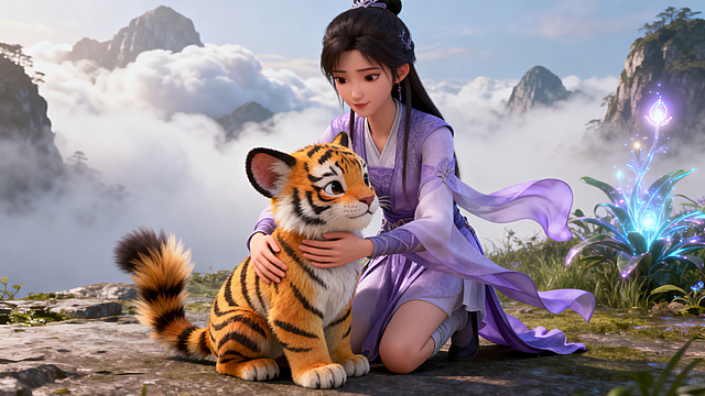 玄幻3D风格，中景：阿瑶把虎烈幼崽塞进怀里