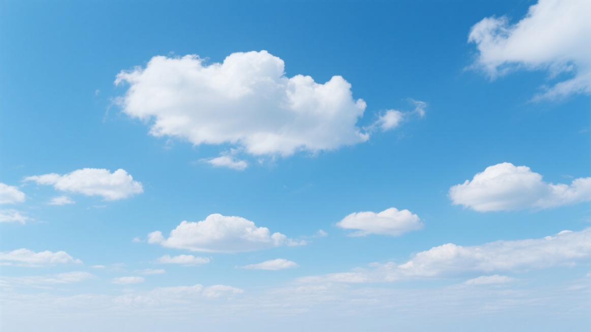 真实摄影风格，广阔的远景天空，纯净的湛蓝色天空，点缀着大小不一、形态各异的白色云朵，云朵边缘柔和自然，随机分布在天空中，光线明亮，整体画面通透清新，展现出开阔宁静的氛围预览效果